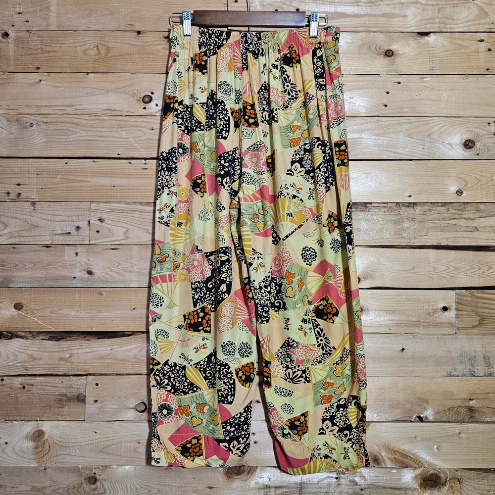 Citron Santa Monica Womens Large Rayon Capri Pants Japanese Fan Print Yellow